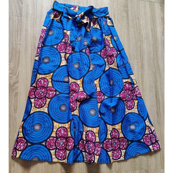 African Print Maxi Skirt Size M/L Blue Elastic Waist Pockets 100% Cotton - Picture 1 of 5